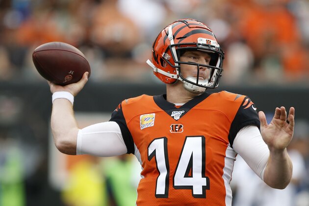 Cincinnati Bengals quarterback Andy Dalton (14) passes in the second half of an NFL football game against the Arizona Cardinals, Sunday, Oct. 6, 2019, in Cincinnati. (AP Photo/Gary Landers)
