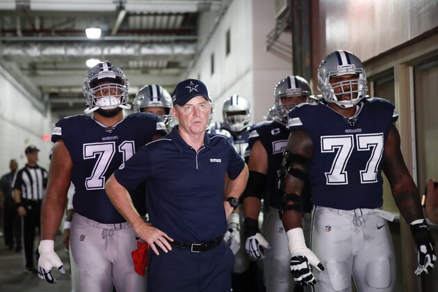 Dallas Cowboys head coach Jason Garrett, center, and members of the team prepare to take the field before the start of an NFL football game against the Washington Redskins, Sunday, Sept. 15, 2019, in Landover, Md. With Garrett are Dallas Cowboys offensive tackle La'el Collins (71) and offensive tackle Tyron Smith (77). (AP Photo/Alex Brandon)