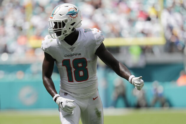 Miami Dolphins wide receiver Preston Williams (18) waits for a play, during the first half at an NFL football game against the Los Angeles Chargers, Sunday, Sept. 29, 2019, in Miami Gardens, Fla. AP Photo/Lynne Sladky)