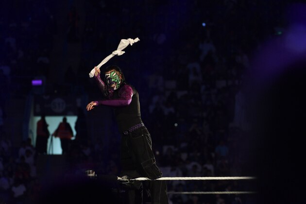 Jeff Hardy makes his way to the ring during the WWE World Cup Quarterfinal match as part of as part of the World Wrestling Entertainment (WWE) Crown Jewel pay-per-view at the King Saud University Stadium in Riyadh on November 2, 2018. (Photo by Fayez Nureldine / AFP)        (Photo credit should read FAYEZ NURELDINE/AFP/Getty Images)