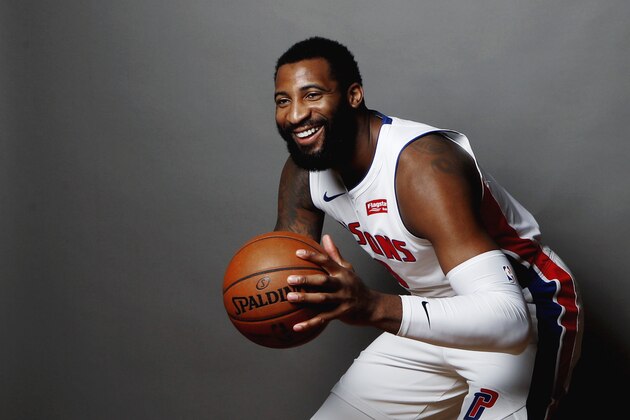 Detroit Pistons center Andre Drummond poses during the NBA basketball team's media day, Monday, Sept. 30, 2019 in Auburn Hills, Mich. (AP Photo/Carlos Osorio)