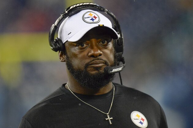 Pittsburgh Steelers head coach Mike Tomlin watches from the sideline in the second half of a preseason NFL football game against the Tennessee Titans Sunday, Aug. 25, 2019, in Nashville, Tenn. (AP Photo/Mark Zaleski)