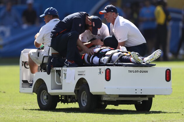 CARSON, CALIFORNIA - OCTOBER 06:  DeVante Bausby #41 of the Denver Broncos is taken off the field after sustaining an injury during the first half of a game against the Los Angeles Chargers at Dignity Health Sports Park on October 06, 2019 in Carson, California. (Photo by Sean M. Haffey/Getty Images)