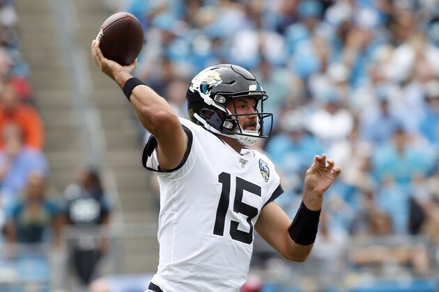 Jacksonville Jaguars quarterback Gardner Minshew (15) passes against the Carolina Panthers during the first half of an NFL football game in Charlotte, N.C., Sunday, Oct. 6, 2019. (AP Photo/Brian Blanco)