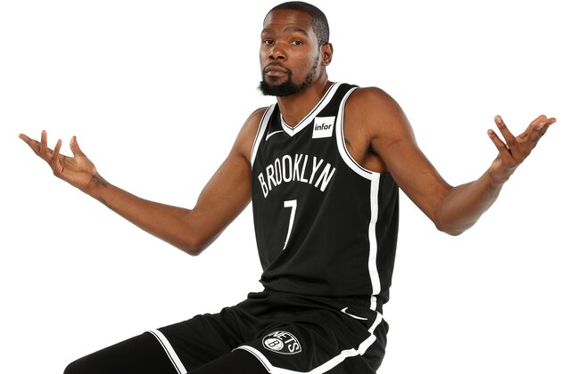 BROOKLYN, NY - SEPTEMBER 27: Kevin Durant #7 of the Brooklyn Nets poses for a portrait during media day on September 27, 2019 at the HSS Training Center in Brooklyn, New York. NOTE TO USER: User expressly acknowledges and agrees that, by downloading and/or using this photograph, user is consenting to the terms and conditions of the Getty Images License Agreement. Mandatory Copyright Notice: Copyright 2019 NBAE (Photo by Nathaniel S. Butler/NBAE via Getty Images)