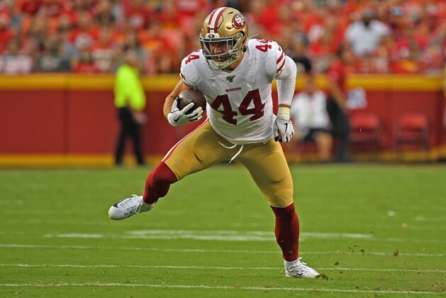 KANSAS CITY, MO - AUGUST 24: Fullback Kyle Juszczyk #44 of the San Francisco 49ers runs up field against the Kansas City Chiefs during the first half of a pre-season game at Arrowhead Stadium on August 24, 2019 in Kansas City, Missouri. (Photo by Peter G. Aiken/Getty Images)