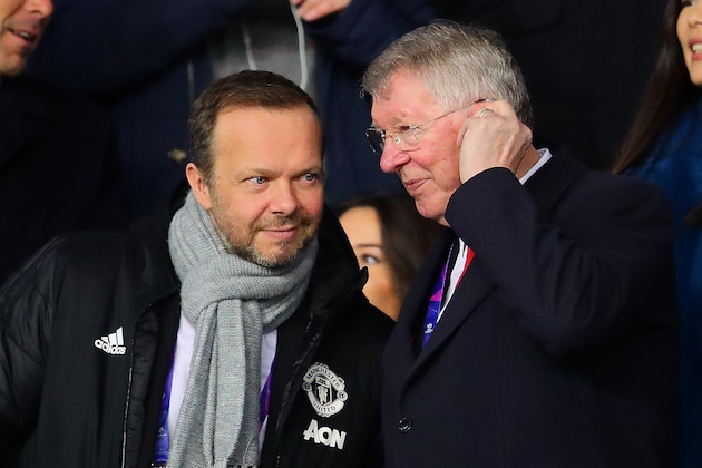 PARIS, FRANCE - MARCH 06: Sir Alex Ferguson next to Manchester United chief-executive Ed Woodward ahead of the UEFA Champions League Round of 16 Second Leg match between Paris Saint-Germain and Manchester United at Parc des Princes on March 06, 2019 in Paris, France. (Photo by Chris Brunskill/Fantasista/Getty Images)