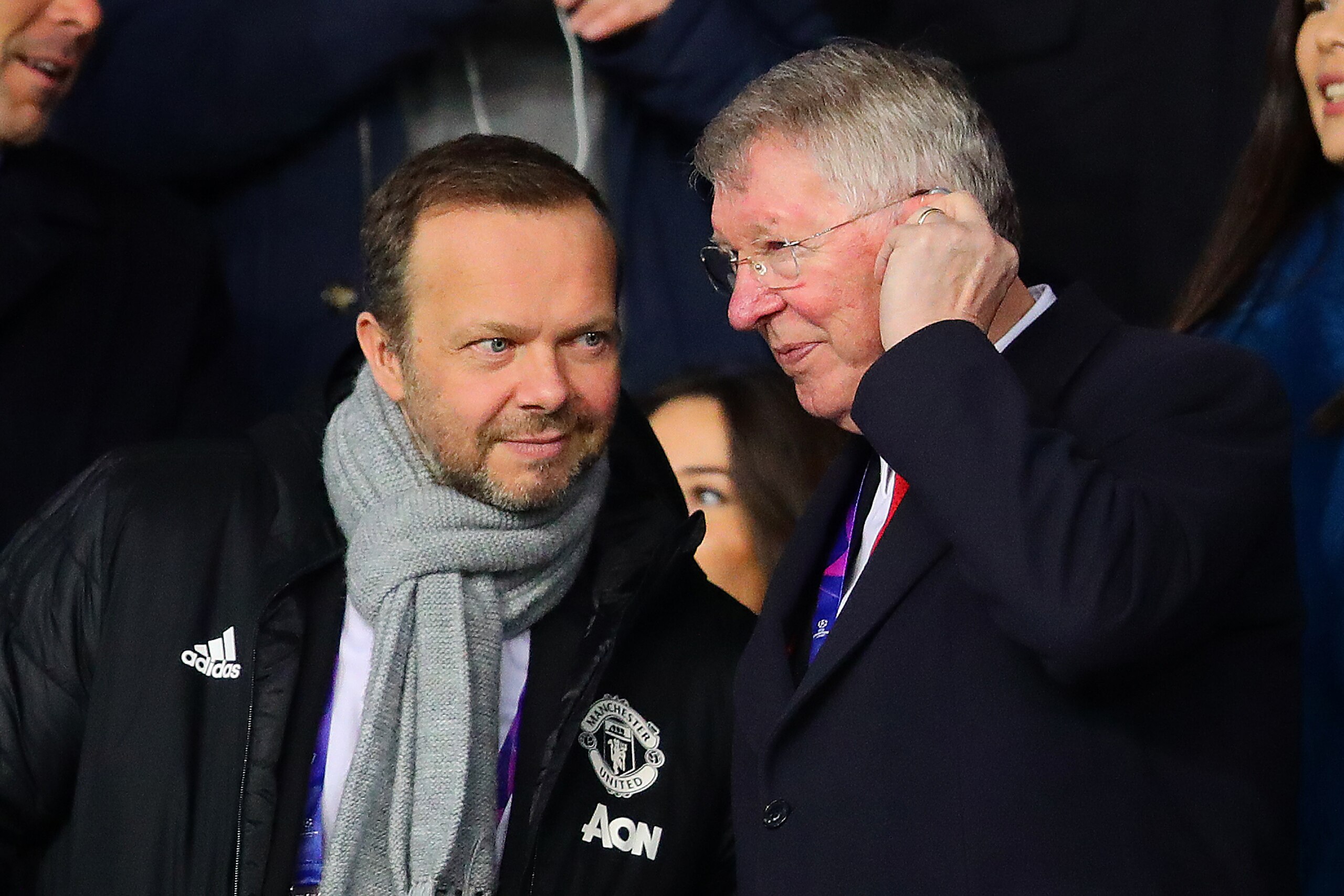 PARIS, FRANCE - MARCH 06: Sir Alex Ferguson next to Manchester United chief-executive Ed Woodward ahead of the UEFA Champions League Round of 16 Second Leg match between Paris Saint-Germain and Manchester United at Parc des Princes on March 06, 2019 in Paris, France. (Photo by Chris Brunskill/Fantasista/Getty Images)