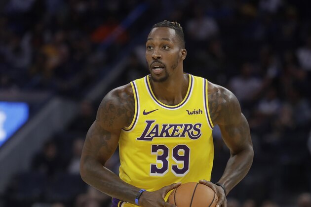 Los Angeles Lakers center Dwight Howard (39) against the Golden State Warriors during a preseason NBA basketball game in San Francisco, Saturday, Oct. 5, 2019. (AP Photo/Jeff Chiu)