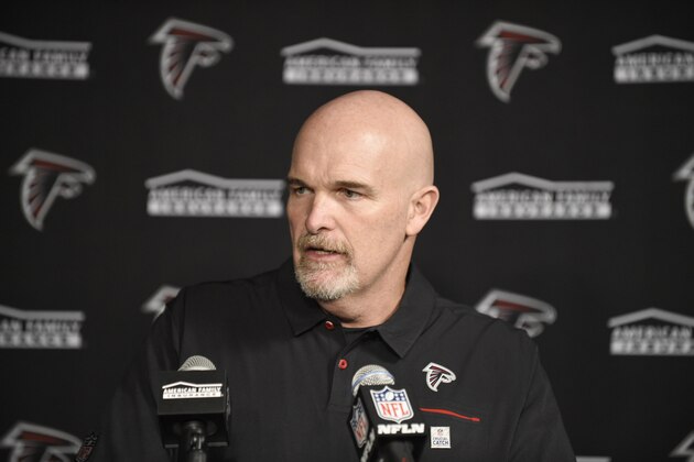 Atlanta Falcons head coach Dan Quinn talks with the media following an NFL football game against the Houston Texans Sunday, Oct. 6, 2019, in Houston. (AP Photo/Eric Christian Smith)