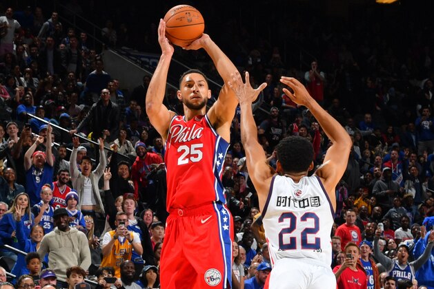 PHILADELPHIA, PA - OCTOBER 8: Ben Simmons #25 of the Philadelphia 76ers shoots a three-pointer against the Guangzhou Long Lions during a pre-season game on October 8, 2019 at the Wells Fargo Center in Philadelphia, Pennsylvania NOTE TO USER: User expressly acknowledges and agrees that, by downloading and/or using this Photograph, user is consenting to the terms and conditions of the Getty Images License Agreement. Mandatory Copyright Notice: Copyright 2019 NBAE (Photo by Jesse D. Garrabrant/NBAE via Getty Images)