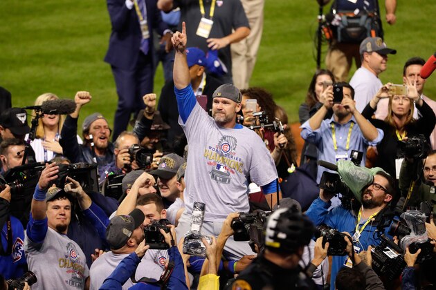 CLEVELAND, OH - NOVEMBER 02:  David Ross #3 of the Chicago Cubs celebrates after defeating the Cleveland Indians 8-7 in Game Seven of the 2016 World Series at Progressive Field on November 2, 2016 in Cleveland, Ohio. The Cubs win their first World Series in 108 years.  (Photo by Jamie Squire/Getty Images)