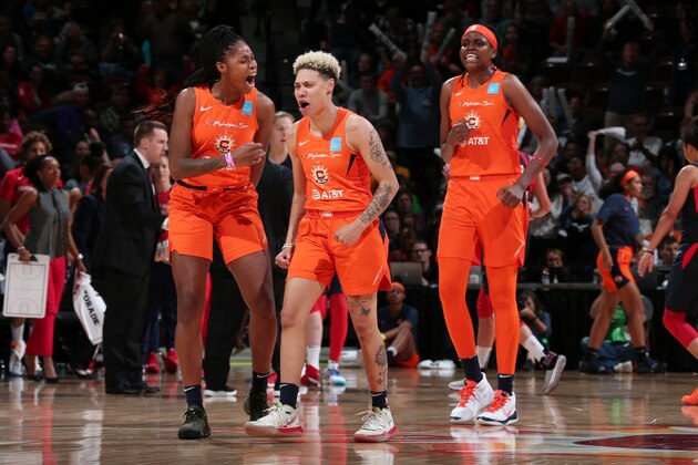UNCASVILLE, CT - OCTOBER 8: Bria Holmes #32, Natisha Hiedeman #2, and Jonquel Jones #35 of the Connecticut Sun react during a game against the Washington Mystics during Game Four of the 2019 WNBA Finals on October 8, 2019 at the Mohegan Sun Arena in Uncasville, Connecticut.  NOTE TO USER: User expressly acknowledges and agrees that, by downloading and or using this photograph, User is consenting to the terms and conditions of the Getty Images License Agreement. Mandatory Copyright Notice: Copyright 2019 NBAE  (Photo by Ned Dishman/NBAE via Getty Images)