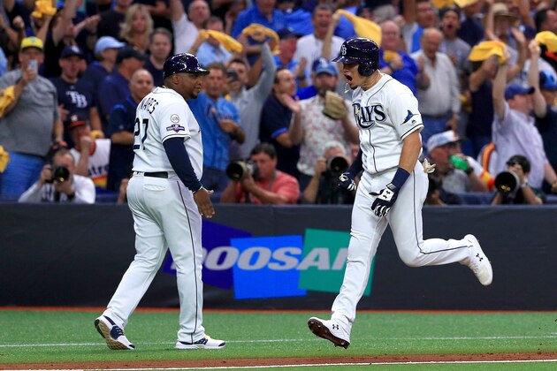 ST PETERSBURG, FLORIDA - OCTOBER 08:  Willy Adames #1 of the Tampa Bay Rays celebrates after he hits a home run against the Houston Astros during the fourth inning in game four of the American League Division Series at Tropicana Field on October 08, 2019 in St Petersburg, Florida. (Photo by Mike Ehrmann/Getty Images)