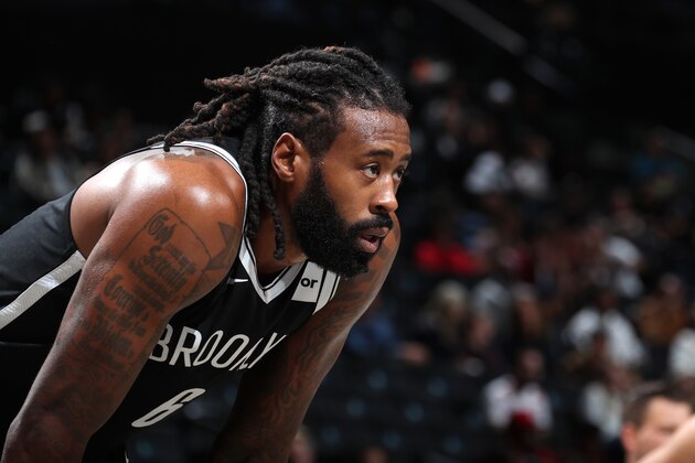 BROOKLYN, NY - OCTOBER 4: DeAndre Jordan #6 of the Brooklyn Nets looks on before the game against the Basketball Club of Brazil on October 4, 2019 at Barclays Center in Brooklyn, New York. NOTE TO USER: User expressly acknowledges and agrees that, by downloading and or using this Photograph, user is consenting to the terms and conditions of the Getty Images License Agreement. Mandatory Copyright Notice: Copyright 2019 NBAE (Photo by Nathaniel S. Butler/NBAE via Getty Images)