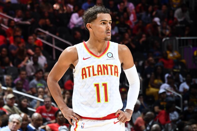 ATLANTA, GA - OCTOBER 7: Trae Young #11 of the Atlanta Hawks looks on against the New Orleans Pelicans during a pre-season game on October 7, 2019 at State Farm Arena in Atlanta, Georgia. NOTE TO USER: User expressly acknowledges and agrees that, by downloading and/or using this Photograph, user is consenting to the terms and conditions of the Getty Images License Agreement. Mandatory Copyright Notice: Copyright 2019 NBAE (Photo by Scott Cunningham/NBAE via Getty Images)
