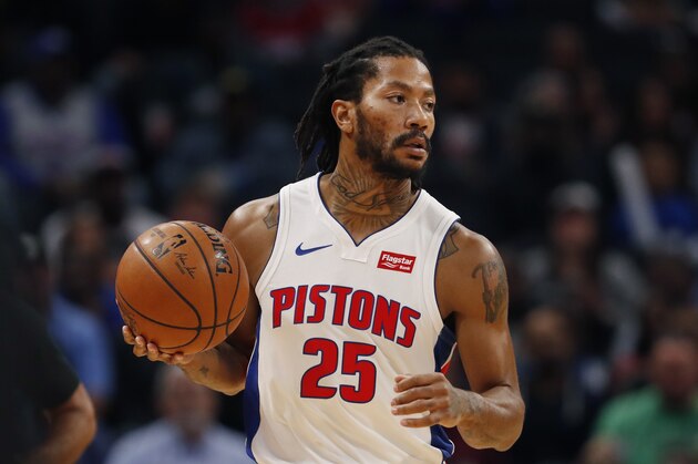 Detroit Pistons guard Derrick Rose brings the ball up court during the first half of an NBA basketball game, Monday, Oct. 7, 2019, in Detroit. (AP Photo/Carlos Osorio)