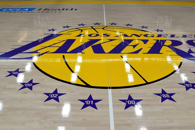 LOS ANGELES, CA - MAY 29:  View of the Los Angeles Lakers logo on the floor of  the UCLA Health Training Center, their training faculity, on May 29, 2018 in Los Angeles, California. NOTE TO USER: User expressly acknowledges and agrees that, by downloading and or using this photograph, User is consenting to the terms and conditions of the Getty Images License Agreement.  (Photo by Jayne Kamin-Oncea/Getty Images)