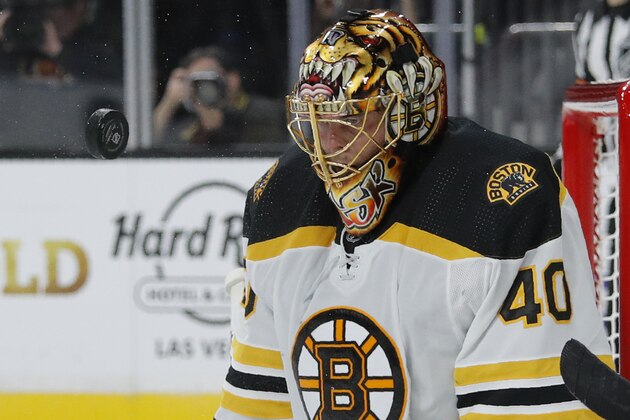 Boston Bruins goaltender Tuukka Rask blocks a shot by the Vegas Golden Knights during the second period of an NHL hockey game Tuesday, Oct. 8, 2019, in Las Vegas. (AP Photo/John Locher)