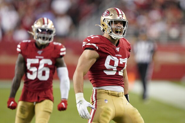 San Francisco 49ers defensive end Nick Bosa (97) celebrates in front of middle linebacker Kwon Alexander (56) during the first half of an NFL football game against the Cleveland Browns in Santa Clara, Calif., Monday, Oct. 7, 2019. (AP Photo/Tony Avelar)