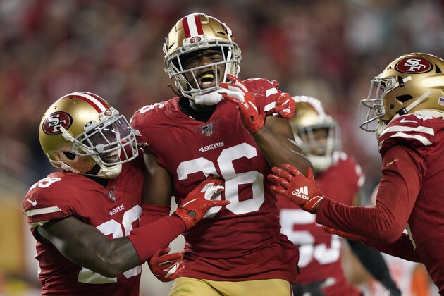 San Francisco 49ers' Marcell Harris, center, celebrates after forcing a fumble by Cleveland Browns' Odell Beckham Jr. on a punt return, which the 49ers recovered, during the second half of an NFL football game in Santa Clara, Calif., Monday, Oct. 7, 2019. (AP Photo/Tony Avelar)