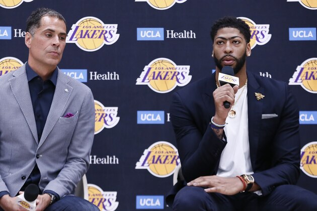 EL SEGUNDO, CA - JULY 13: General Manager Rob Pelinka and Head Coach, Frank Vogel introduce Anthony Davis #3 of the Los Angeles Lakers to the media during a press conference on July 13, 2019 at the UCLA Health Training Center in El Segundo, California. NOTE TO USER: User expressly acknowledges and agrees that, by downloading and/or using this photograph, user is consenting to the terms and conditions of the Getty Images License Agreement. Mandatory Copyright Notice: Copyright 2019 NBAE (Photo by Chris Elise/NBAE via Getty Images)