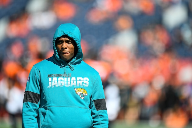 DENVER, CO - SEPTEMBER 29:  Jalen Ramsey #20 of the Jacksonville Jaguars stands on the field in street clothes as players warm up before a game against the Denver Broncos at Empower Field at Mile High on September 29, 2019 in Denver, Colorado. (Photo by Dustin Bradford/Getty Images)
