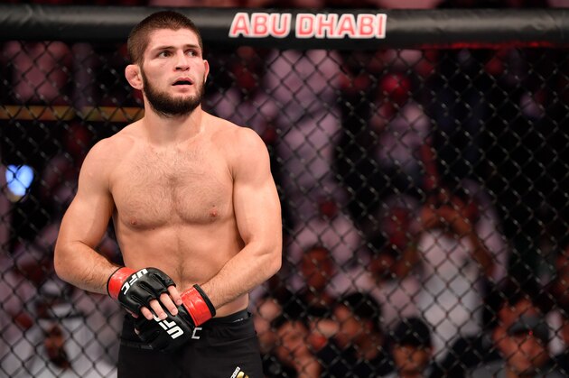 ABU DHABI, UNITED ARAB EMIRATES - SEPTEMBER 07:  Khabib Nurmagomedov of Russia stands in his corner between rounds of his lightweight championship bout against Dustin Poirier during UFC 242 at The Arena on September 7, 2019 in Yas Island, Abu Dhabi, United Arab Emirates. (Photo by Jeff Bottari/Zuffa LLC/Zuffa LLC via Getty Images)