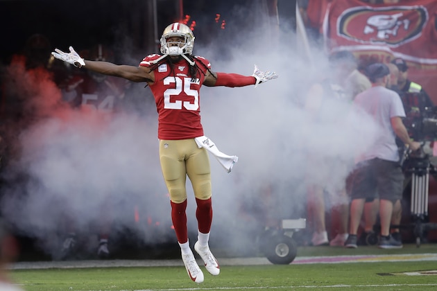 San Francisco 49ers cornerback Richard Sherman (25) is introduced before an NFL football game against the Cleveland Browns in Santa Clara, Calif., Monday, Oct. 7, 2019. (AP Photo/Ben Margot)