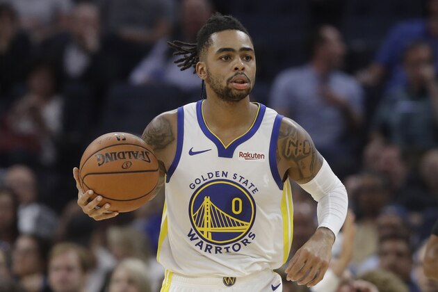Golden State Warriors guard D'Angelo Russell (0) against the Los Angeles Lakers during a preseason NBA basketball game in San Francisco, Saturday, Oct. 5, 2019. (AP Photo/Jeff Chiu)