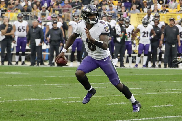 Baltimore Ravens quarterback Lamar Jackson (8) plays against the Pittsburgh Steelers in an NFL football game, Sunday, Oct. 6, 2019, in Pittsburgh. (AP Photo/Gene J. Puskar)