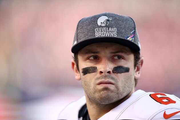 SANTA CLARA, CALIFORNIA - OCTOBER 07:  Baker Mayfield #6 of the Cleveland Browns stands on the sidelines before their game against the San Francisco 49ers at Levi's Stadium on October 07, 2019 in Santa Clara, California. (Photo by Ezra Shaw/Getty Images)