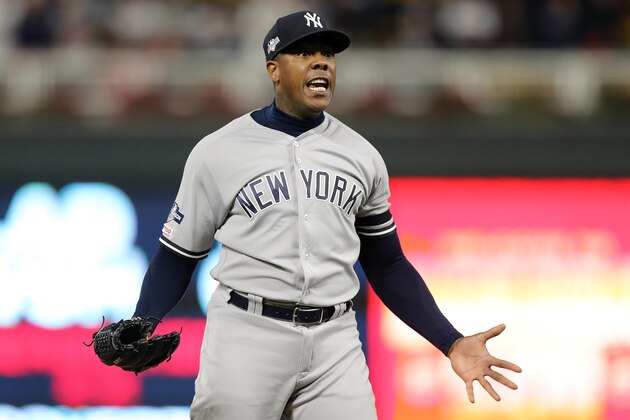 MINNEAPOLIS, MINNESOTA - OCTOBER 07: Aroldis Chapman #54 of the New York Yankees celebrates after the final out defeating the Minnesota Twins 5-1 in game three of the American League Division Series to advance to the American League Championship Series at Target Field on October 07, 2019 in Minneapolis, Minnesota. (Photo by Elsa/Getty Images)