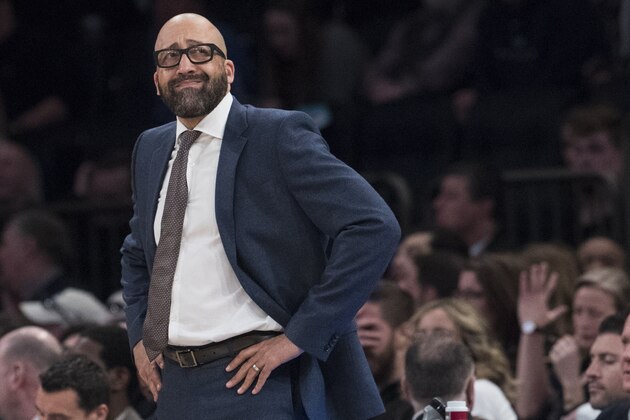 New York Knicks coach David Fizdale reacts during the second half of the team's NBA basketball game against the Utah Jazz, Wednesday, March 20, 2019, at Madison Square Garden in New York. The Jazz won 137-116. (AP Photo/Mary Altaffer)