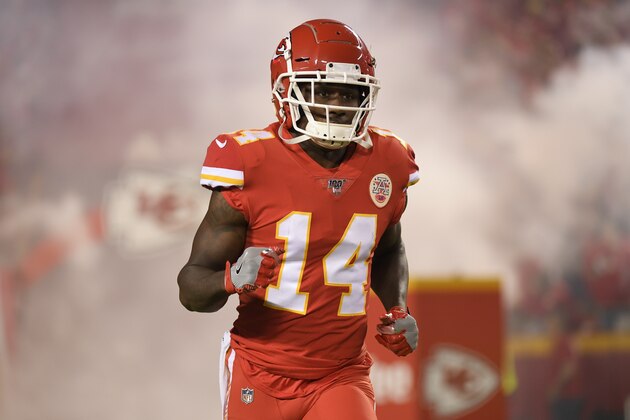 Kansas City Chiefs wide receiver Sammy Watkins (14) is introduced before an NFL football game against the Indianapolis Colts in Kansas City, Mo., Sunday, Oct. 6, 2019. (AP Photo/Reed Hoffmann)
