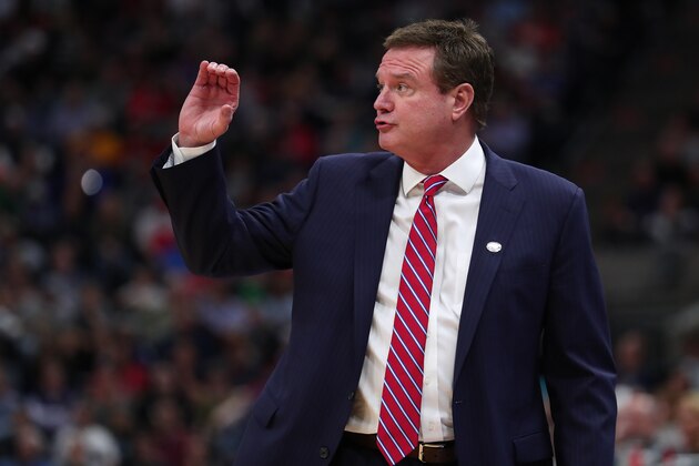 SALT LAKE CITY, UTAH - MARCH 23: Head coach Bill Self of the Kansas Jayhawks reacts to a play against the Auburn Tigers during their game in the Second Round of the NCAA Basketball Tournament at Vivint Smart Home Arena on March 23, 2019 in Salt Lake City, Utah. (Photo by Tom Pennington/Getty Images)