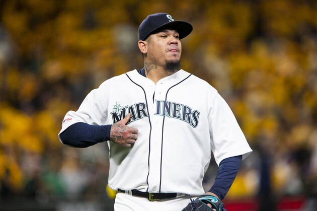 SEATTLE, WA - SEPTEMBER 26: Felix Hernandez #34 of the Seattle Mariners walks off the field after pitching in the first inning against the Oakland Athletics at T-Mobile Park on September 26, 2019 in Seattle, Washington. (Photo by Lindsey Wasson/Getty Images)