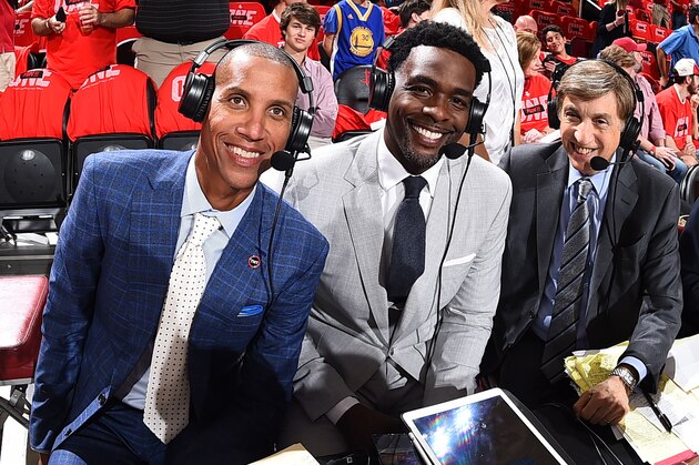 HOUSTON, TX - MAY 28: Reggie Miller, Chris Weber, and Marv Albert are seen before the game between the Golden State Warriors and the Houston Rockets during Game Seven of the Western Conference Finals of the 2018 NBA Playoffs on May 28, 2018 at the Toyota Center in Houston, Texas. NOTE TO USER: User expressly acknowledges and agrees that, by downloading and or using this photograph, User is consenting to the terms and conditions of the Getty Images License Agreement. Mandatory Copyright Notice: Copyright 2018 NBAE (Photo by Andrew D. Bernstein/NBAE via Getty Images)