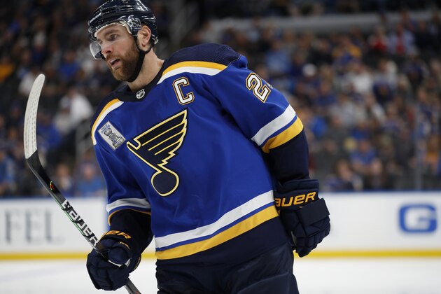 St. Louis Blues' Alex Pietrangelo skates during the third period of an NHL hockey game against the Washington Capitals Wednesday, Oct. 2, 2019, in St. Louis. The Capitals won 3-2 in overtime. (AP Photo/Jeff Roberson)
