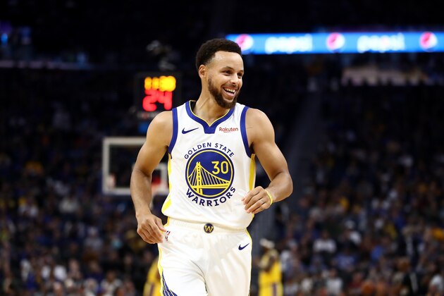 SAN FRANCISCO, CALIFORNIA - OCTOBER 05:  Stephen Curry #30 of the Golden State Warriors smiles during their game against the Los Angeles Lakers at Chase Center on October 05, 2019 in San Francisco, California.  NOTE TO USER: User expressly acknowledges and agrees that, by downloading and or using this photograph, User is consenting to the terms and conditions of the Getty Images License Agreement.  (Photo by Ezra Shaw/Getty Images)