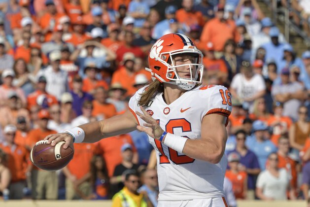 CHAPEL HILL, NORTH CAROLINA - SEPTEMBER 28: Trevor Lawrence #16 of the Clemson Tigers against the North Carolina Tar Heels during their game at Kenan Stadium on September 28, 2019 in Chapel Hill, North Carolina. Clemson won 21-20. (Photo by Grant Halverson/Getty Images)