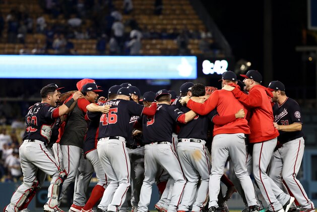 LOS ANGELES, CALIFORNIA - OCTOBER 09: The Washington Nationals celebrate defeating the Los Angeles Dodgers 7-3 in ten innings to win game five and the National League Division Series at Dodger Stadium on October 09, 2019 in Los Angeles, California. (Photo by Sean M. Haffey/Getty Images)
