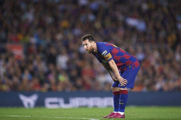 BARCELONA, SPAIN - OCTOBER 06: Lionel Messi of FC Barcelona looks on during the Liga match between FC Barcelona and Sevilla FC at Camp Nou on October 06, 2019 in Barcelona, Spain. (Photo by Aitor Alcalde/Getty Images)