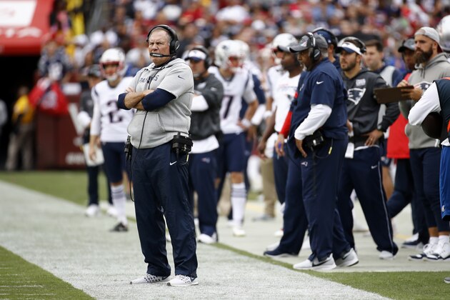 New England Patriots head coach Bill Belichick stands on the field during the first half of an NFL football game against the Washington Redskins, Sunday, Oct. 6, 2019, in Landover, Md. (AP Photo/Patrick Semansky)
