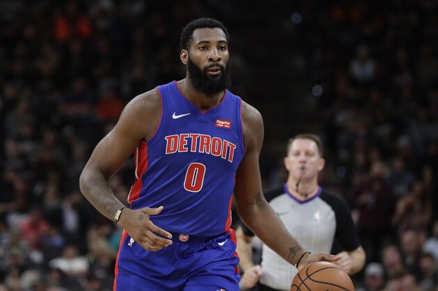 Detroit Pistons center Andre Drummond (0) during the first half of an NBA basketball game against the San Antonio Spurs, in San Antonio, Thursday, Feb. 28, 2019. (AP Photo/Eric Gay)