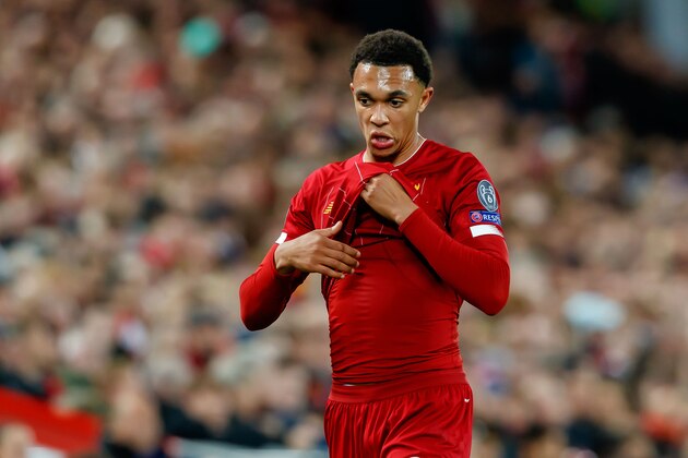 LIVERPOOL, ENGLAND - OCTOBER 02: Trent Alexander-Arnold of FC Liverpool looks on during the UEFA Champions League group E match between Liverpool FC and RB Salzburg at Anfield on October 2, 2019 in Liverpool, United Kingdom. (Photo by TF-Images/Getty Images)