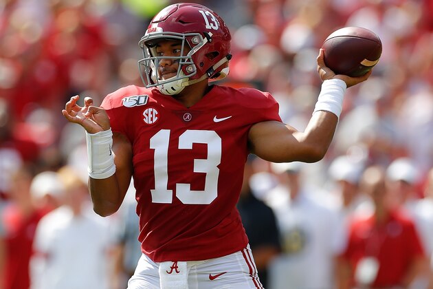 TUSCALOOSA, ALABAMA - SEPTEMBER 28:  Tua Tagovailoa #13 of the Alabama Crimson Tide looks to pass against the Mississippi Rebels at Bryant-Denny Stadium on September 28, 2019 in Tuscaloosa, Alabama. (Photo by Kevin C. Cox/Getty Images)