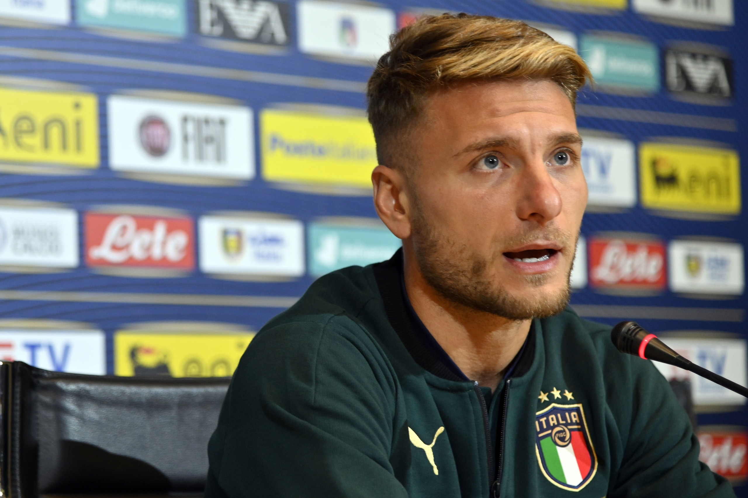 FLORENCE, ITALY - OCTOBER 08:  Ciro Immobile of Italy speaks with the media during a press conference at Centro Tecnico Federale di Coverciano on October 8, 2019 in Florence, Italy.  (Photo by Claudio Villa/Getty Images)