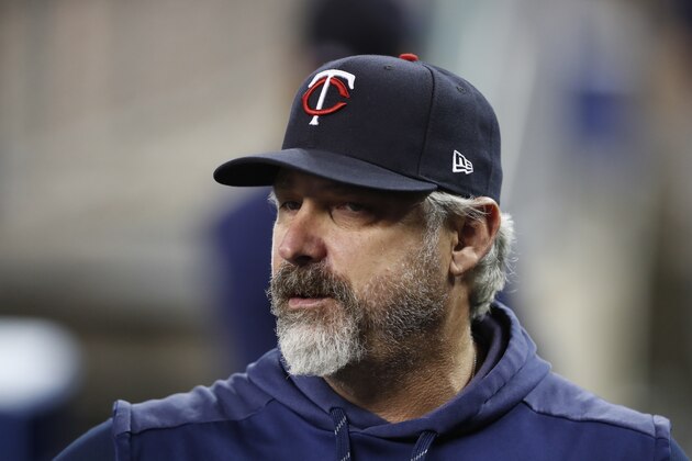 Minnesota Twins bench coach Derek Shelton is seen in the dugout during a baseball game against the Detroit Tigers, Friday, Aug. 30, 2019, in Detroit. (AP Photo/Carlos Osorio)