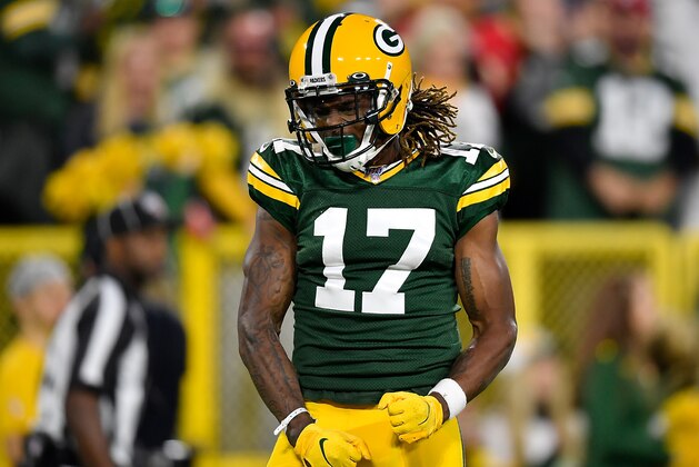 GREEN BAY, WISCONSIN - SEPTEMBER 26: Davante Adams #17 of the Green Bay Packers reacts after his first down in the first inning against the Philadelphia Eagles at Lambeau Field on September 26, 2019 in Green Bay, Wisconsin. (Photo by Quinn Harris/Getty Images)